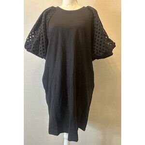 Gibson Latimer Black Cotton Pullover Dress w Eyelet Balloon Sleeves Size M 8/10